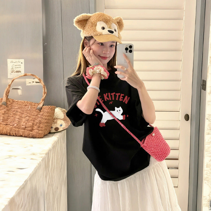 2025 Summer New Short-sleeved T-shirt Women's Korean-style Printed Loose Student Top Cotton Undershirt Ins Trendy