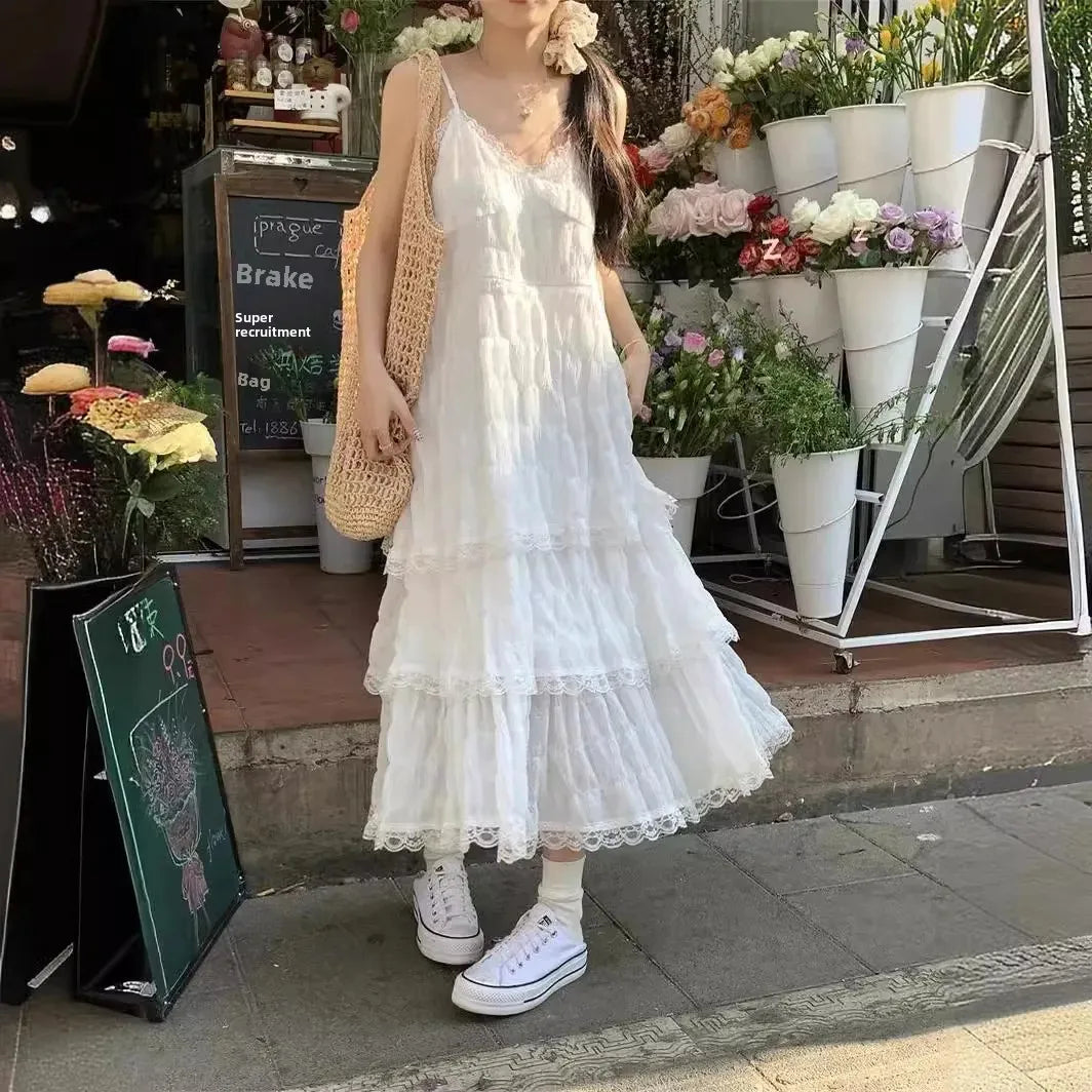 Pure Desire Aesthetic White Tank Dress For Women Summer New Arrival Beach Seaside Vacation Elegant Draped Sweet Long Dress