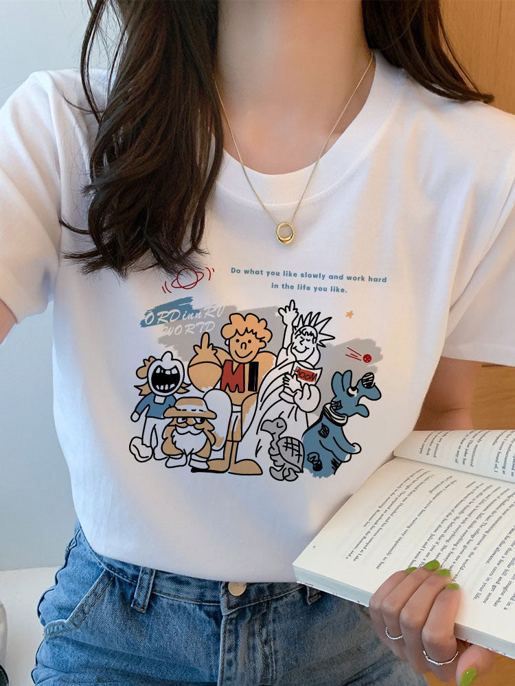 2025 Summer New Short-sleeved T-shirt Women's Korean-style Printed Loose Student Top Cotton Undershirt Ins Trendy