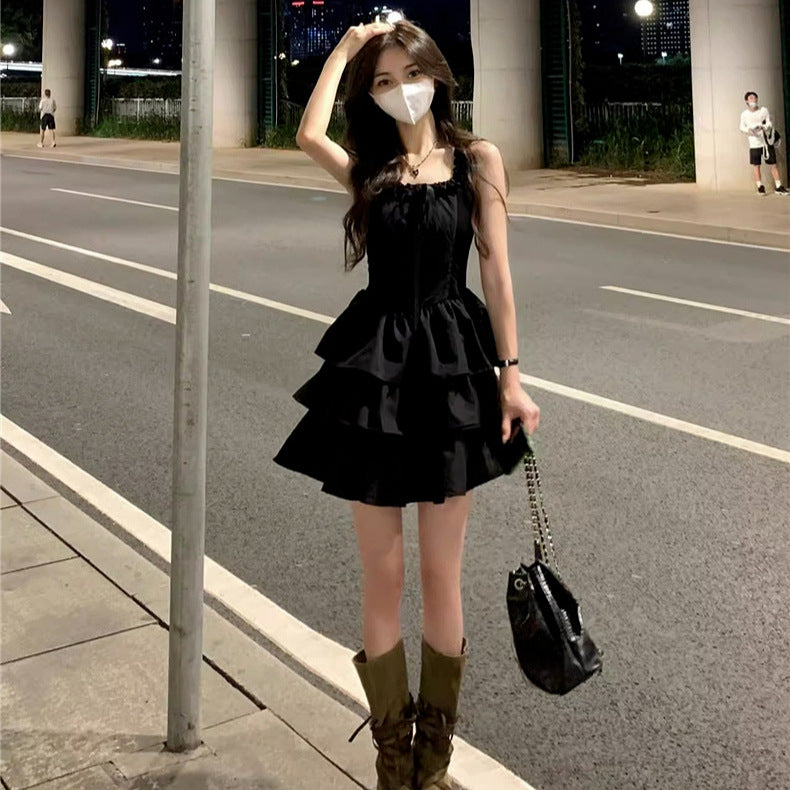 French Style Black Sling dress Women's Summer 2025 New Style off-Shoulder Tight Waist Slimming Elegant Princess Puffy Dress