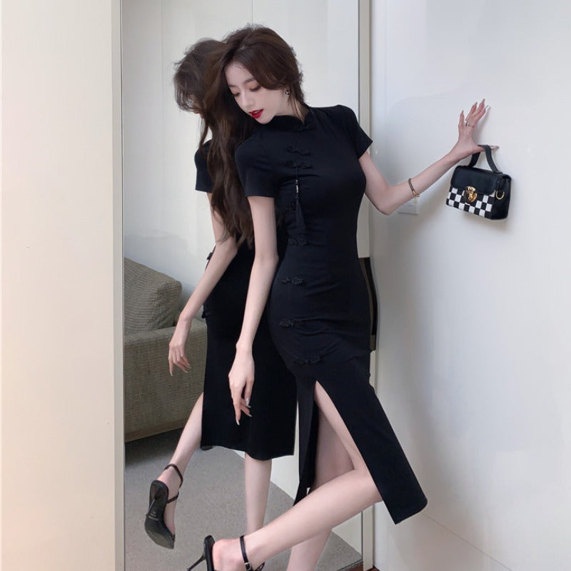 Chinese Retro Button Cheongsam Dress Women's Summer High-end Elegant Small Black Dress Waisted Slim-fit Hip Long Dress