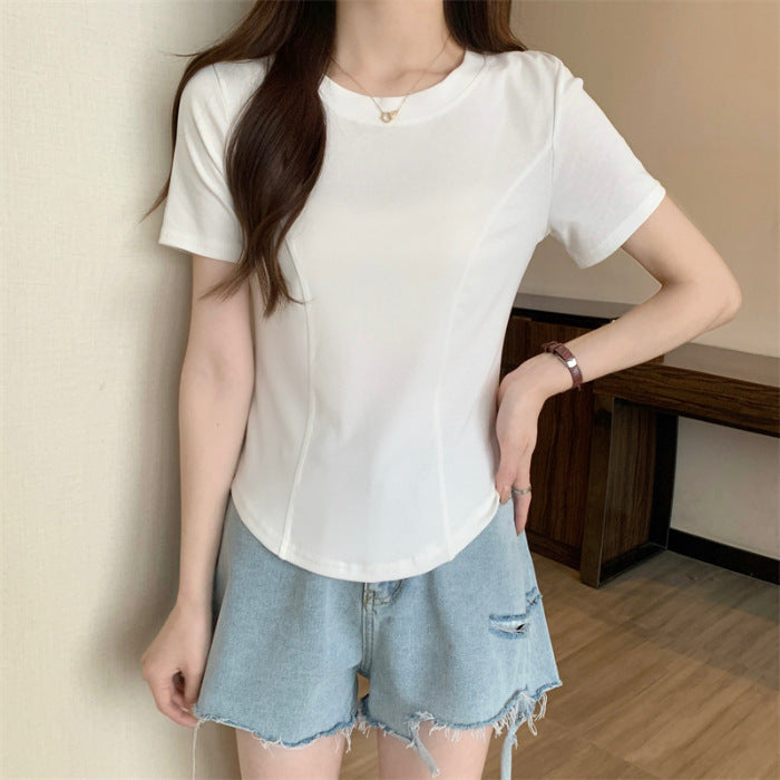 Summer New Slim-fit Short-sleeved T-shirt Women's Design Sense Short Pure Irregular Hem Curved Top