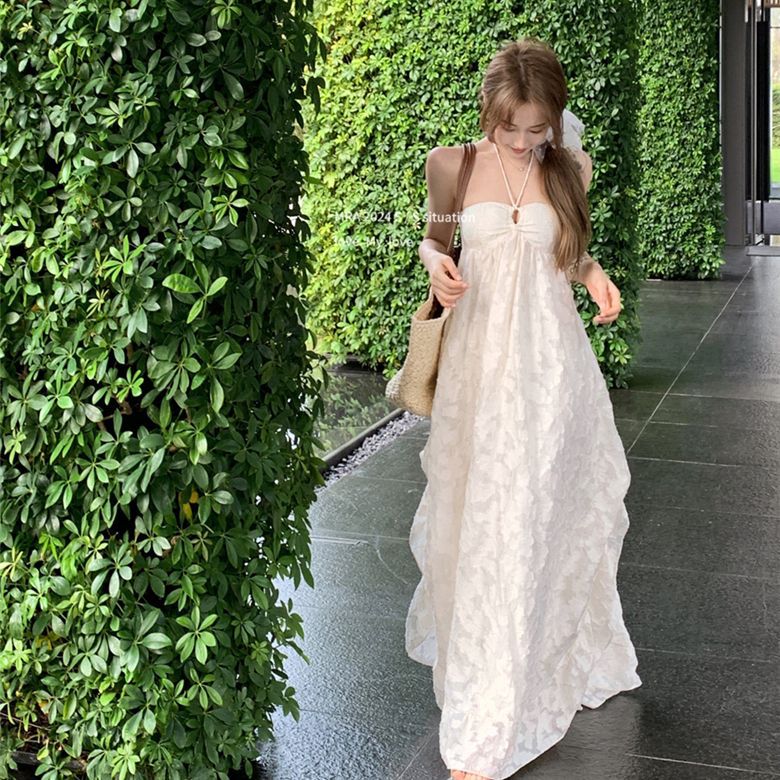 Seaside Holiday Style Backless Neck Hanging dress Beach Dress Women's Early Spring A- line Dress with Chest Pad Pure Hollow Long Dress