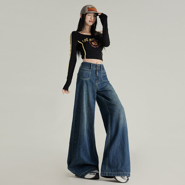 Spring New Retro Lazy Style Wide Leg Horn Jeans Women's High Waist Slimming Fashionable Dipped Pants