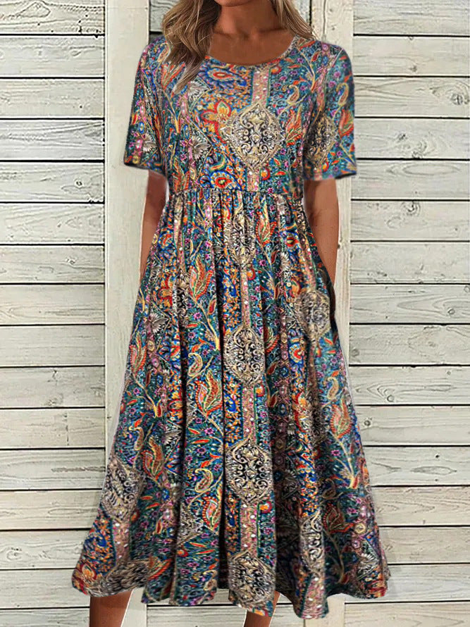 2024 European and American Amazon Summer New Women's Round Neck Short Sleeve Dress Bohemian Printed Dress for Women