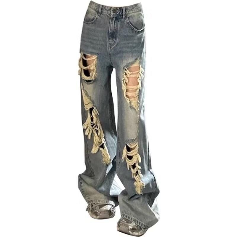 American Style Ins High Street Ripped Jeans Women's Petite Old Retro High Waist Loose Dipped Wide Leg Pants