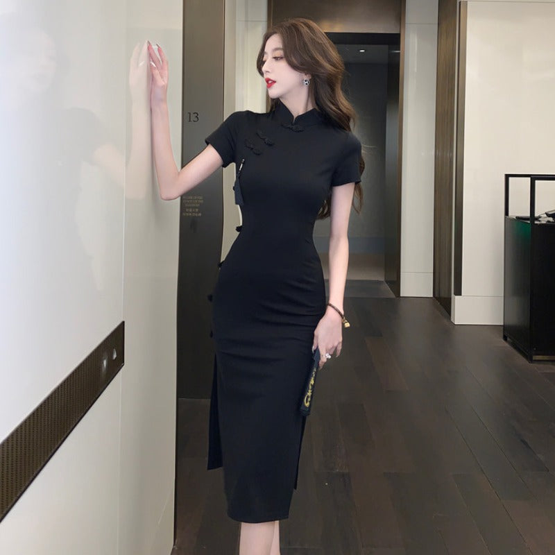 Chinese Retro Button Cheongsam Dress Women's Summer High-end Elegant Small Black Dress Waisted Slim-fit Hip Long Dress