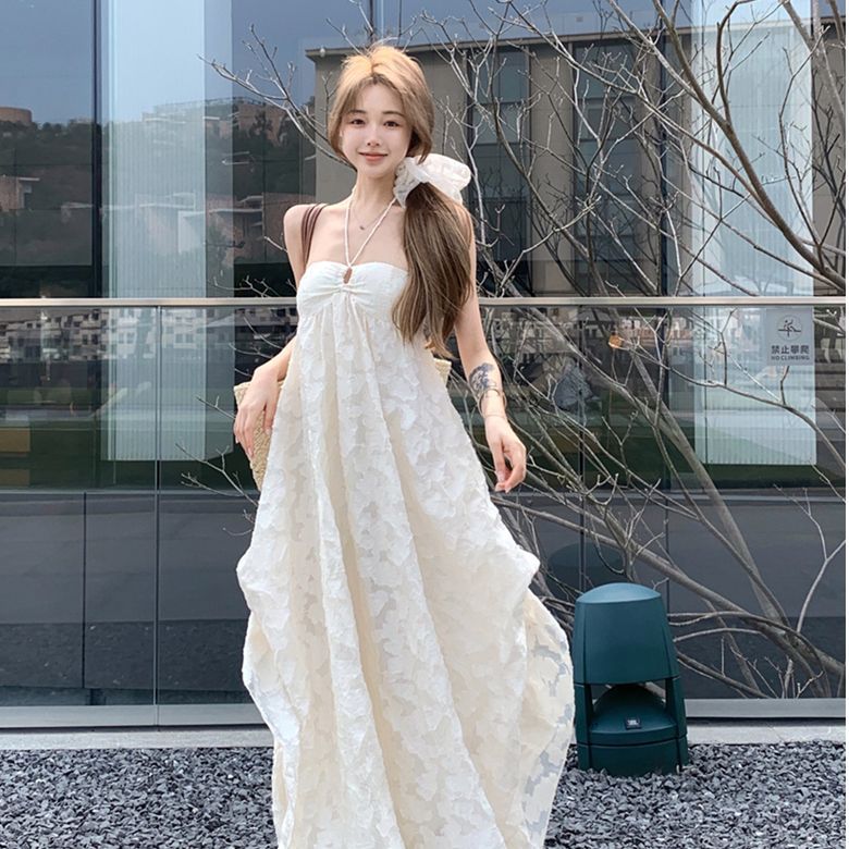 Seaside Holiday Style Backless Neck Hanging dress Beach Dress Women's Early Spring A- line Dress with Chest Pad Pure Hollow Long Dress