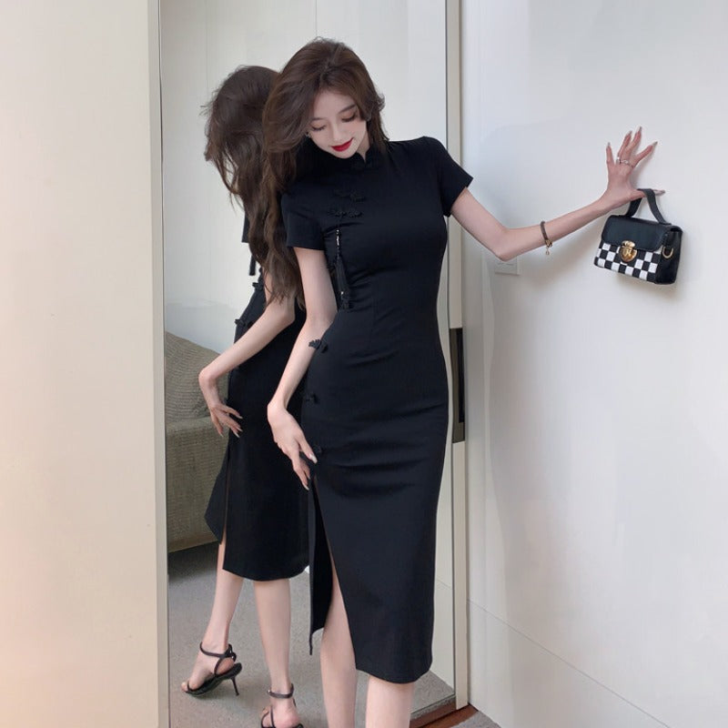 Chinese Retro Button Cheongsam Dress Women's Summer High-end Elegant Small Black Dress Waisted Slim-fit Hip Long Dress