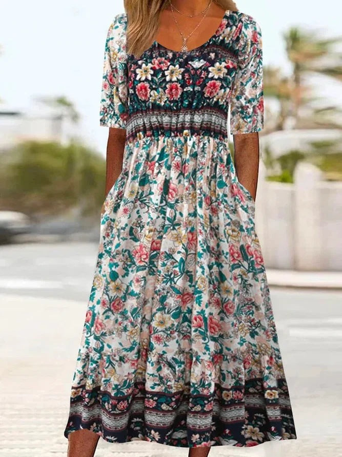 2024 European and American Amazon Summer New Women's Round Neck Short Sleeve Dress Bohemian Printed Dress for Women