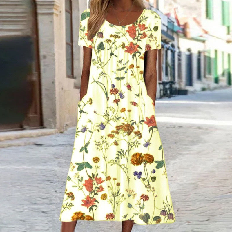 Casual Loose Short Sleeve round Neck Printed Long Dress Women's Summer Fashion Polyester Comfortable Leisure Gown with Pocket