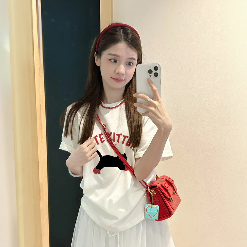 2025 Summer New Short-sleeved T-shirt Women's Korean-style Printed Loose Student Top Cotton Undershirt Ins Trendy
