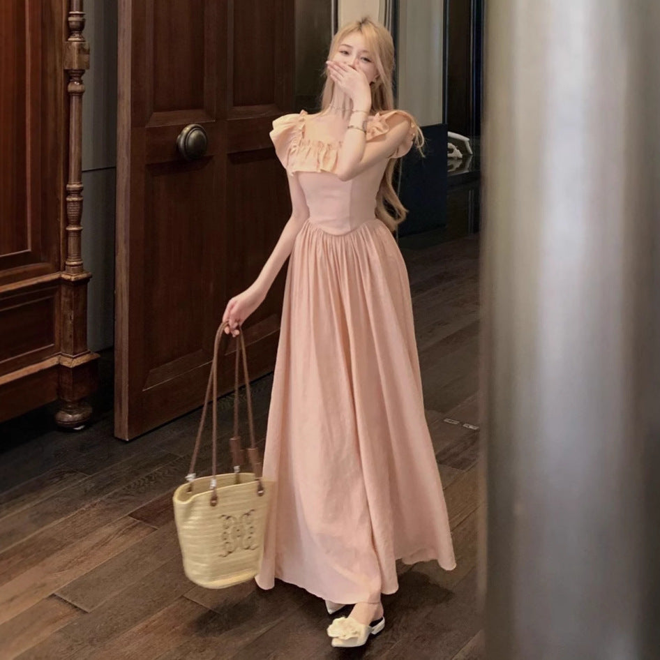 Tea Break French Pink Small Flying Sleeve dress Women's 2025 Summer New Waist Slim-fit Seaside Holiday Style Long Dress