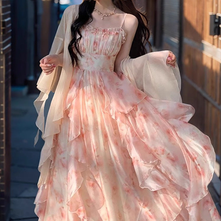 Elegant Heavy Industry Simi-Dye Printed Waisted Slimming Ruffled Slip Skirt Women's Summer Fairy Cardigan suit Two-piece Set