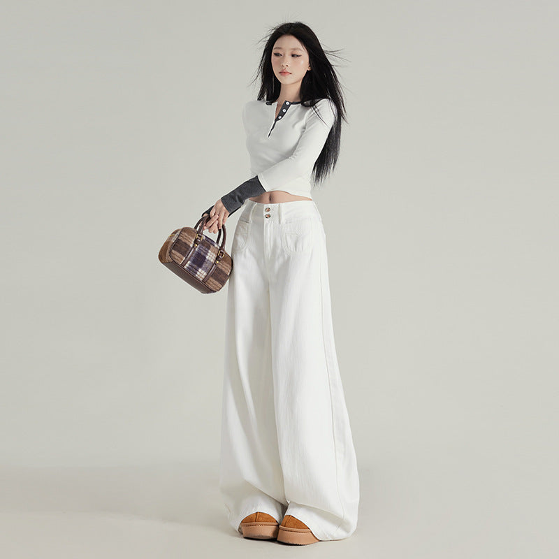Spring New Retro Lazy Style Wide Leg Horn Jeans Women's High Waist Slimming Fashionable Dipped Pants