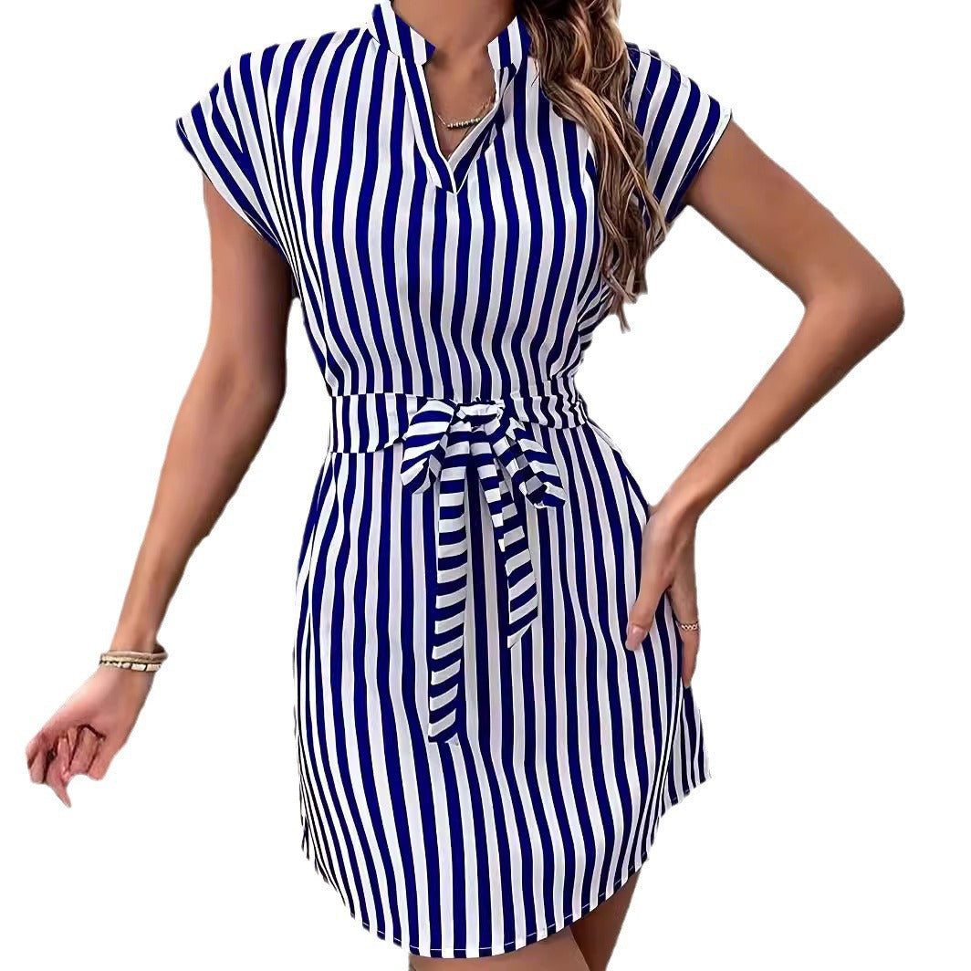 2025 Spring and Summer New Amazon Independent Station TEMU Cross-border European and American Women's Bat Sleeve Striped Lace-up dress