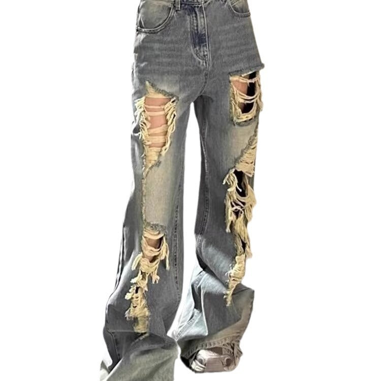 American Style Ins High Street Ripped Jeans Women's Petite Old Retro High Waist Loose Dipped Wide Leg Pants