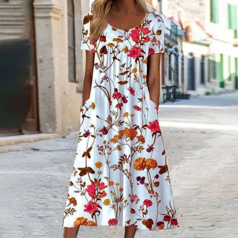 Casual Loose Short Sleeve round Neck Printed Long Dress Women's Summer Fashion Polyester Comfortable Leisure Gown with Pocket