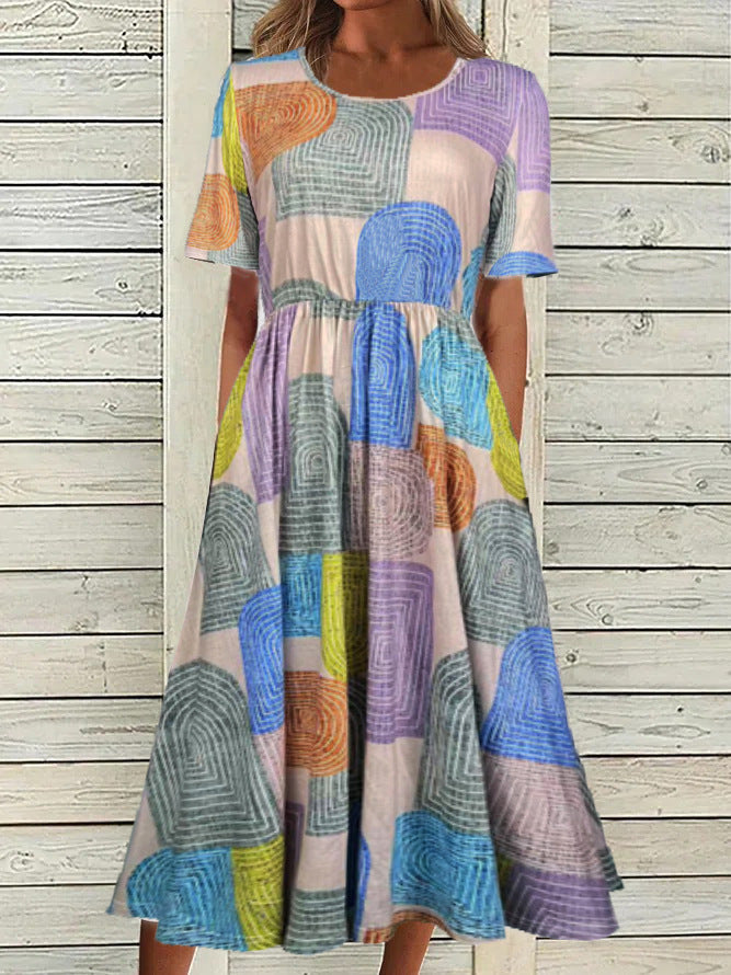 2024 European and American Amazon Summer New Women's Round Neck Short Sleeve Dress Bohemian Printed Dress for Women