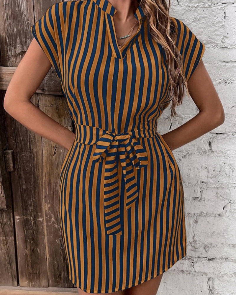 2025 Spring and Summer New Amazon Independent Station TEMU Cross-border European and American Women's Bat Sleeve Striped Lace-up dress