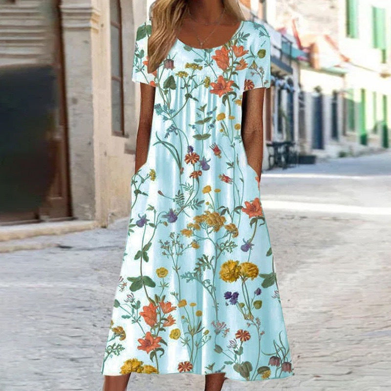 Casual Loose Short Sleeve round Neck Printed Long Dress Women's Summer Fashion Polyester Comfortable Leisure Gown with Pocket
