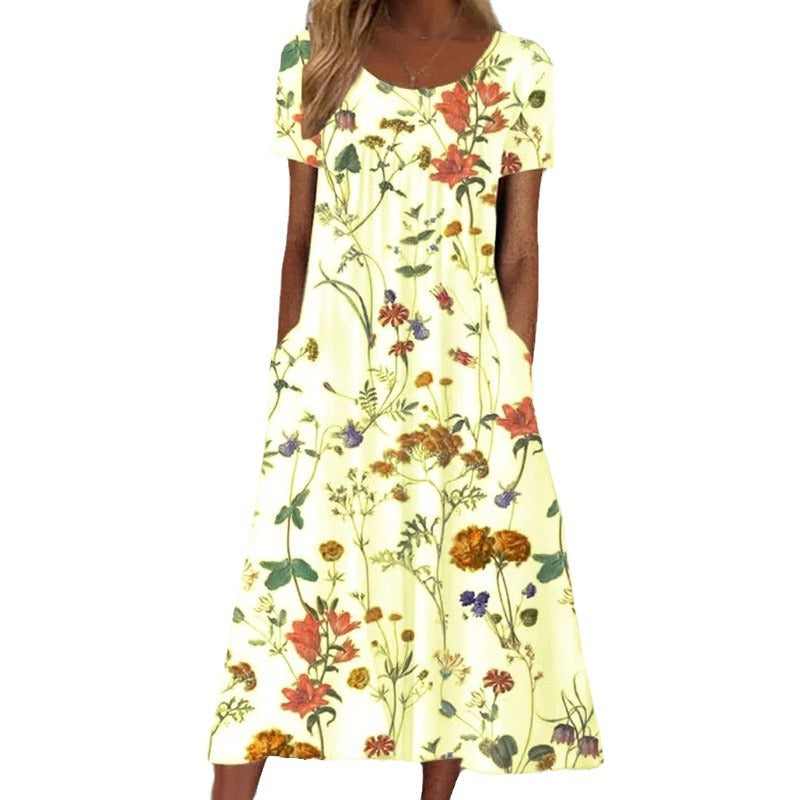 Casual Loose Short Sleeve round Neck Printed Long Dress Women's Summer Fashion Polyester Comfortable Leisure Gown with Pocket