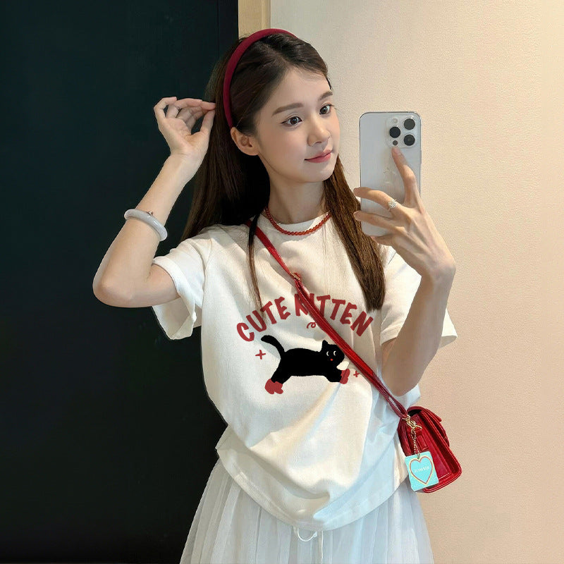 2025 Summer New Short-sleeved T-shirt Women's Korean-style Printed Loose Student Top Cotton Undershirt Ins Trendy