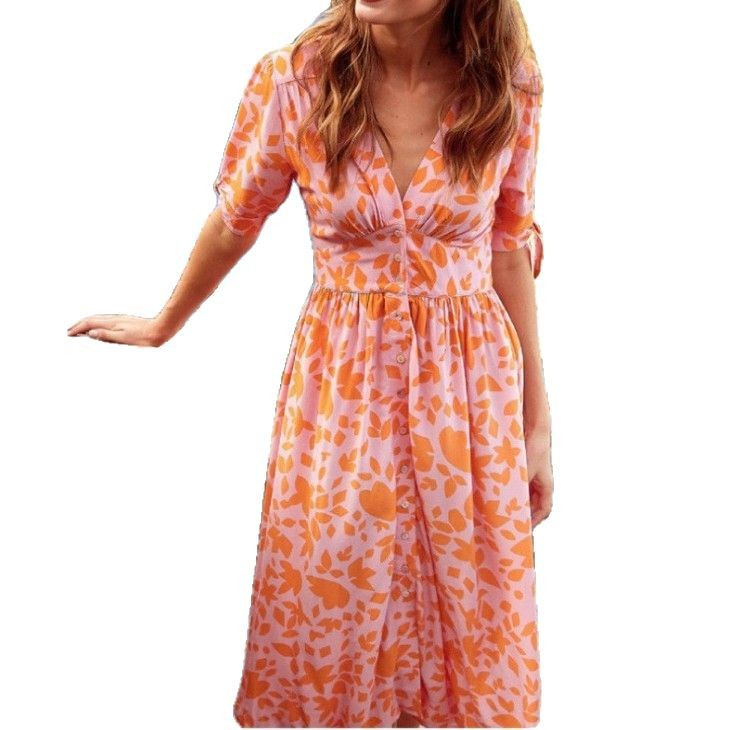 European and American New Fashion V-neck Half Sleeve Lace Single Breasted Printed Dress
