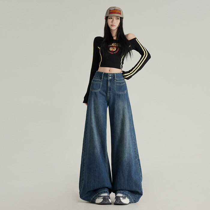 Spring New Retro Lazy Style Wide Leg Horn Jeans Women's High Waist Slimming Fashionable Dipped Pants