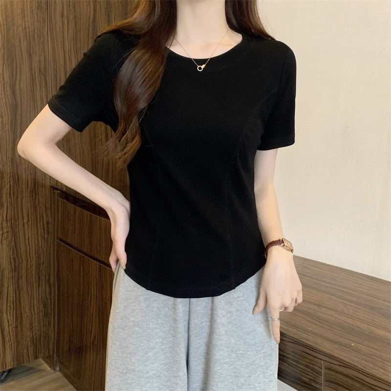 Summer New Slim-fit Short-sleeved T-shirt Women's Design Sense Short Pure Irregular Hem Curved Top