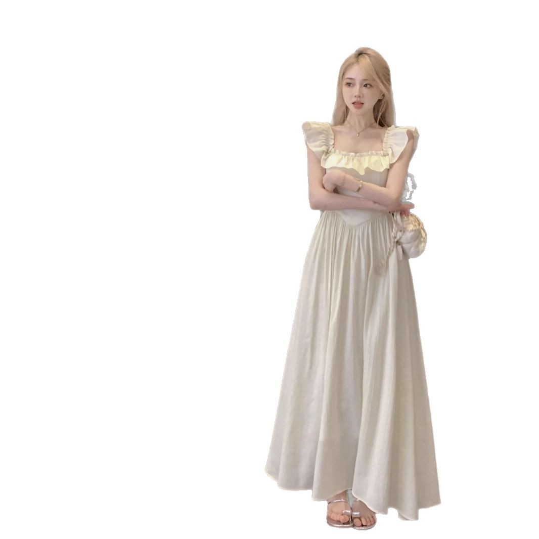 Tea Break French Pink Small Flying Sleeve dress Women's 2025 Summer New Waist Slim-fit Seaside Holiday Style Long Dress