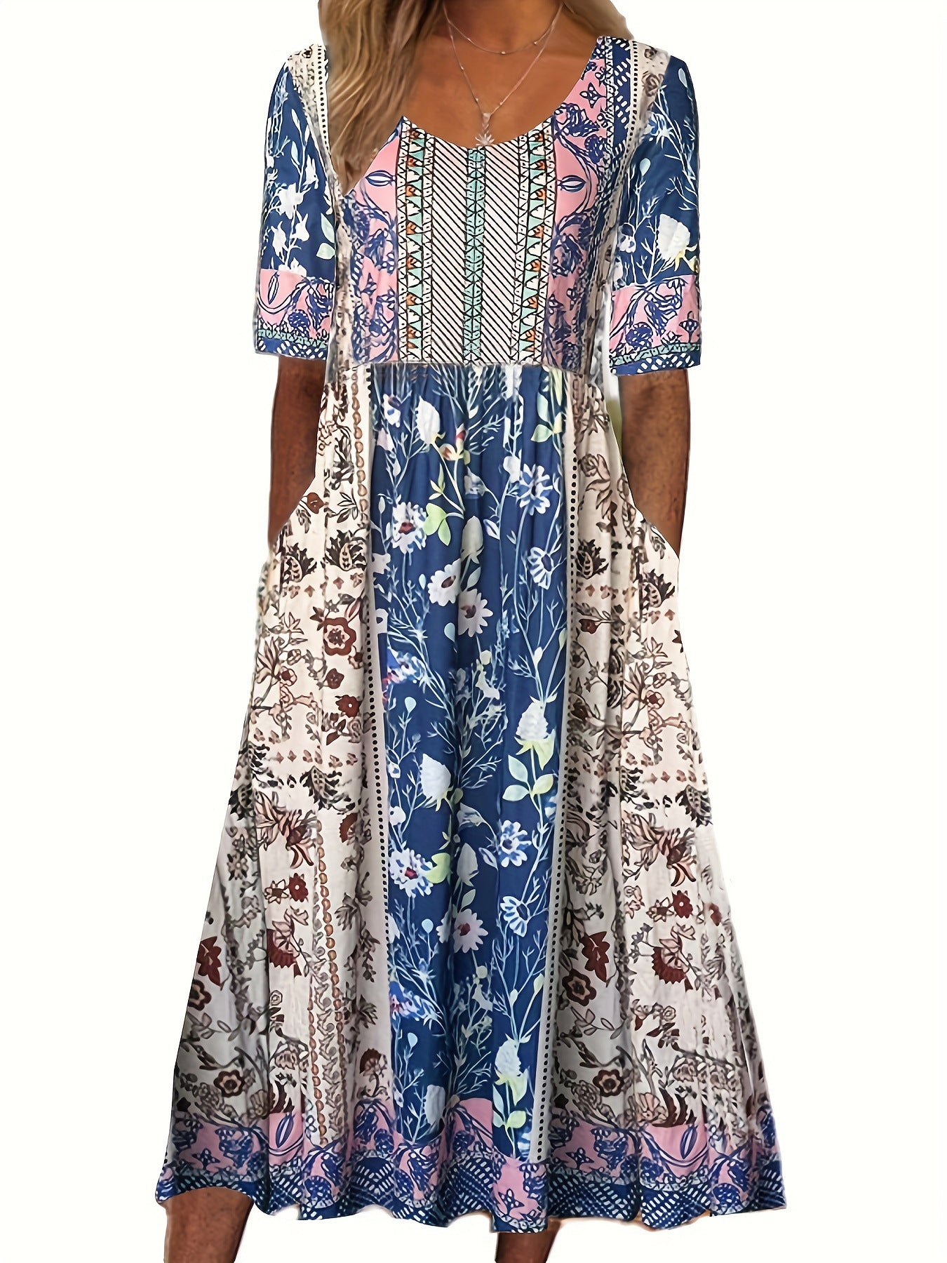 2024 European and American Amazon Summer New Women's Round Neck Short Sleeve Dress Bohemian Printed Dress for Women