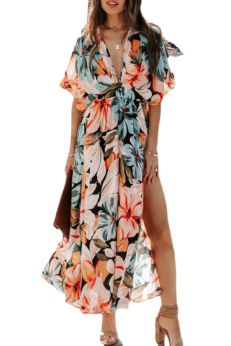Sexy High Waist Printed Split Dress Women's Fashion Summer 2025 Polyester Long A-Line Skirt V-Neck Batwing Sleeve Zipper
