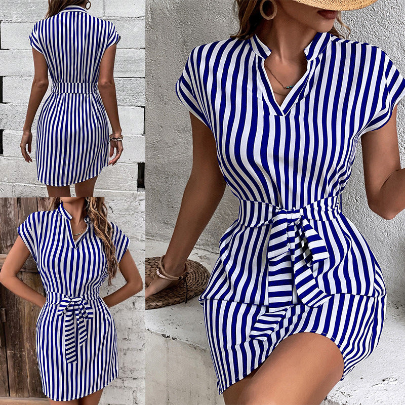 2025 Spring and Summer New Amazon Independent Station TEMU Cross-border European and American Women's Bat Sleeve Striped Lace-up dress