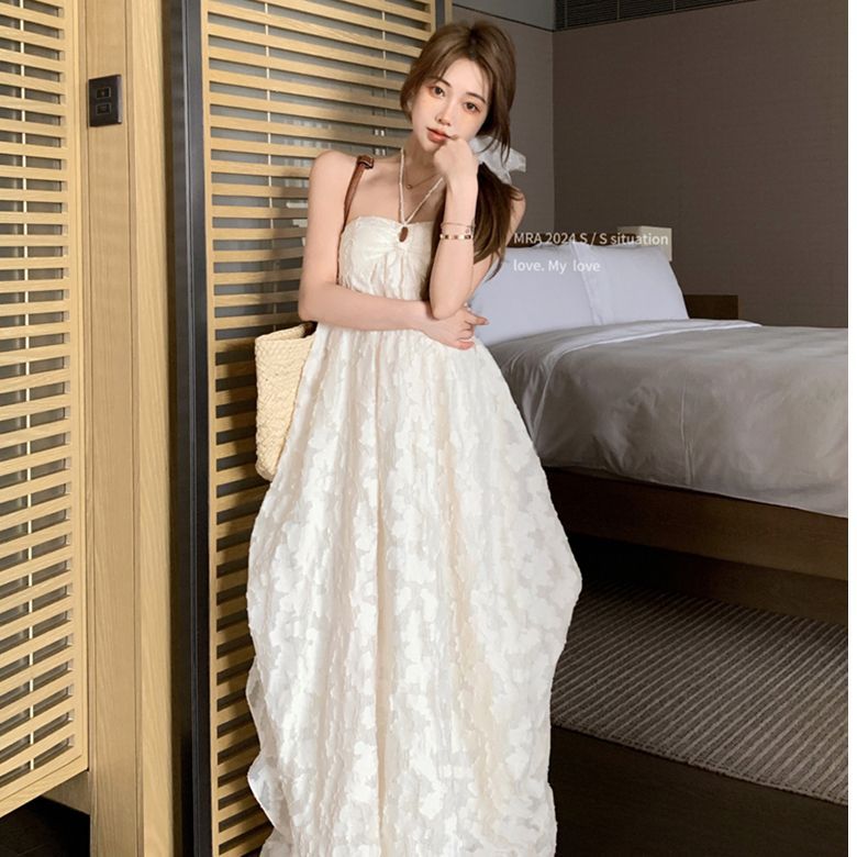 Seaside Holiday Style Backless Neck Hanging dress Beach Dress Women's Early Spring A- line Dress with Chest Pad Pure Hollow Long Dress