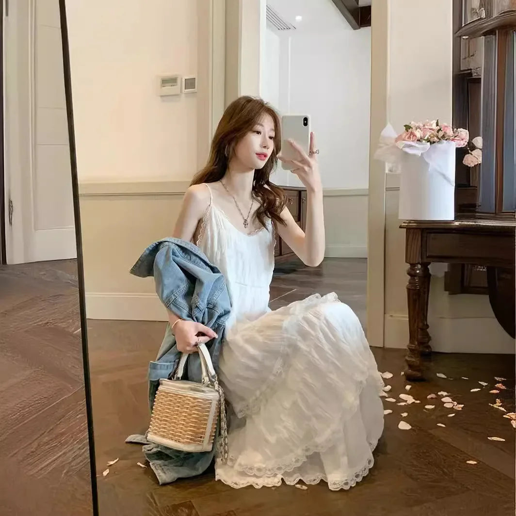 Pure Desire Aesthetic White Tank Dress For Women Summer New Arrival Beach Seaside Vacation Elegant Draped Sweet Long Dress