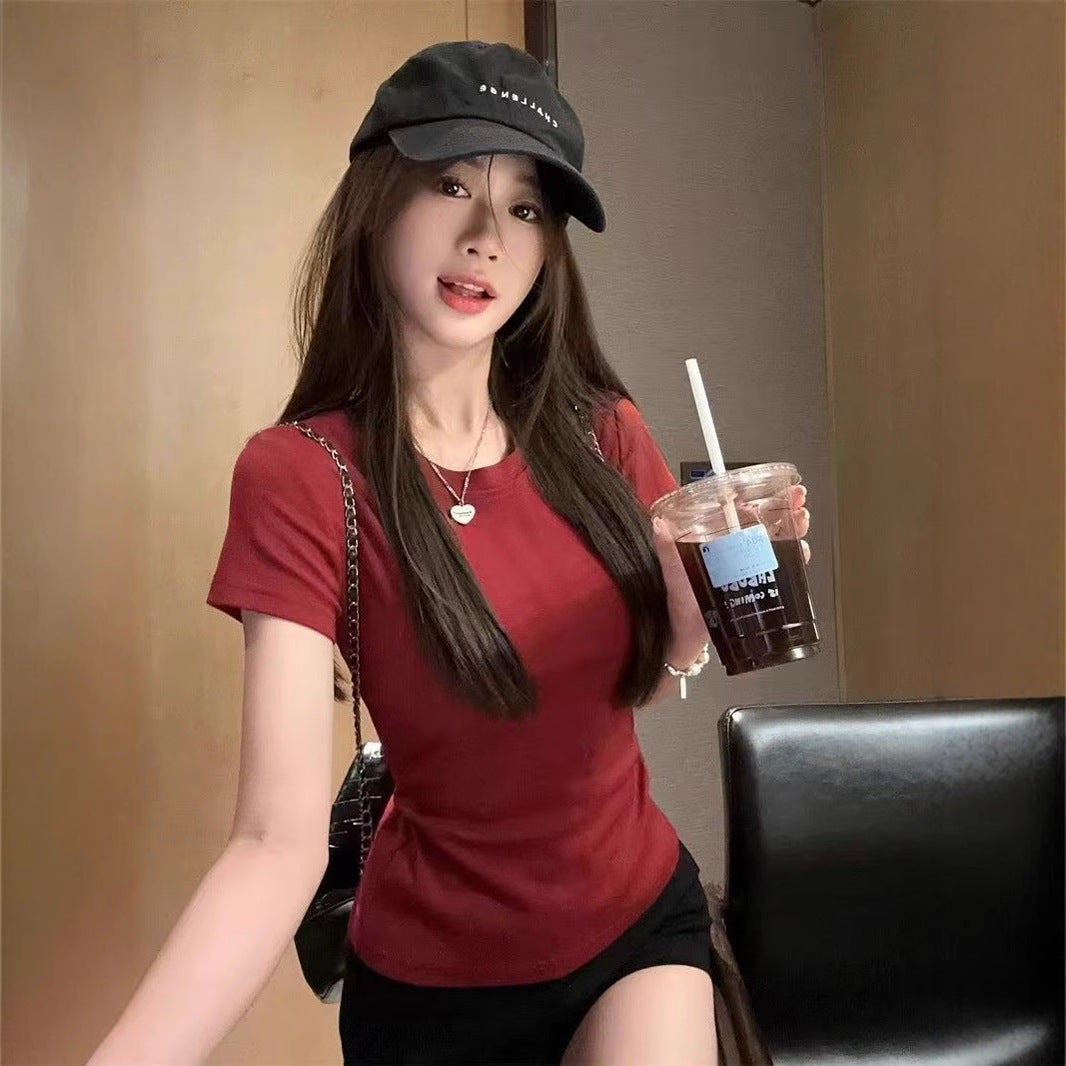 White Short-sleeved Bottoming Shirt Inner T-shirt Women's Spring and Summer New Slim-fit Hot Girl Short Shoulder Tight Top