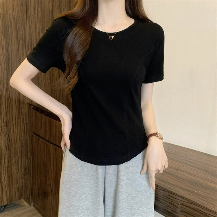 Summer New Slim-fit Short-sleeved T-shirt Women's Design Sense Short Pure Irregular Hem Curved Top