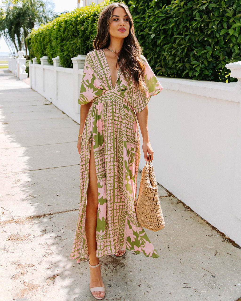 Sexy High Waist Printed Split Dress Women's Fashion Summer 2025 Polyester Long A-Line Skirt V-Neck Batwing Sleeve Zipper