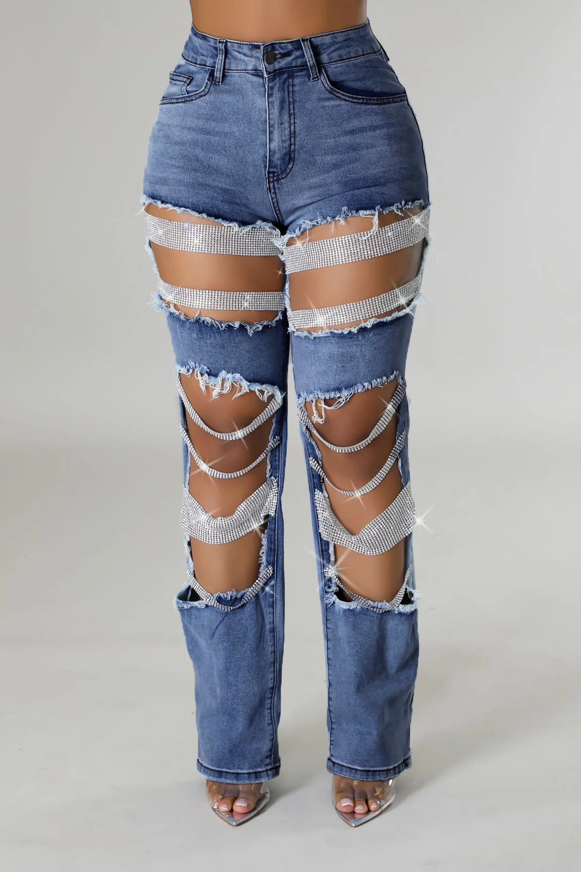 Hot Girl Summer Pants European and American Cross-border Hole Heavy Industry Beaded Beaded Elastic Jeans Pants Female JEANS