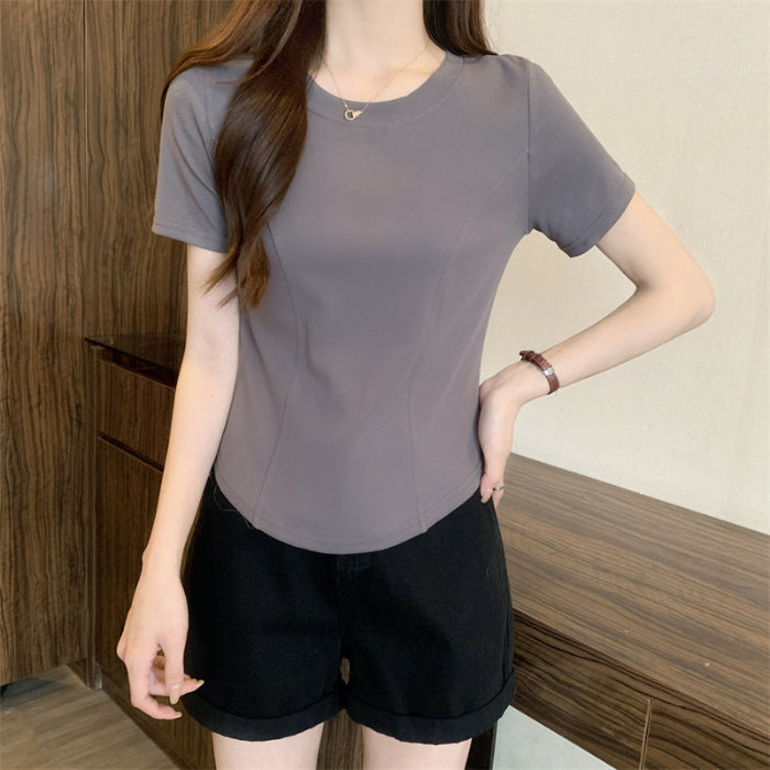 Summer New Slim-fit Short-sleeved T-shirt Women's Design Sense Short Pure Irregular Hem Curved Top