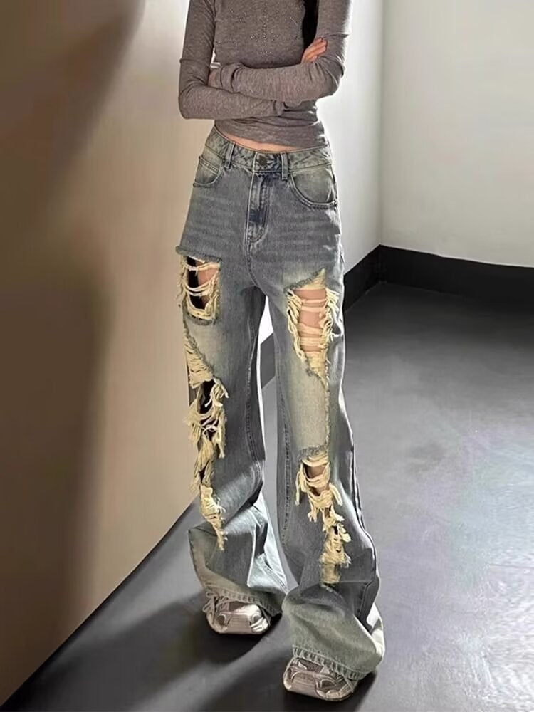 American Style Ins High Street Ripped Jeans Women's Petite Old Retro High Waist Loose Dipped Wide Leg Pants
