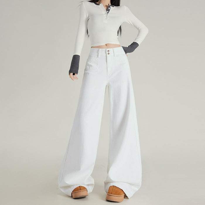 Spring New Retro Lazy Style Wide Leg Horn Jeans Women's High Waist Slimming Fashionable Dipped Pants