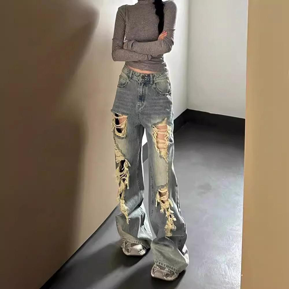 American Style Ins High Street Ripped Jeans Women's Petite Old Retro High Waist Loose Dipped Wide Leg Pants