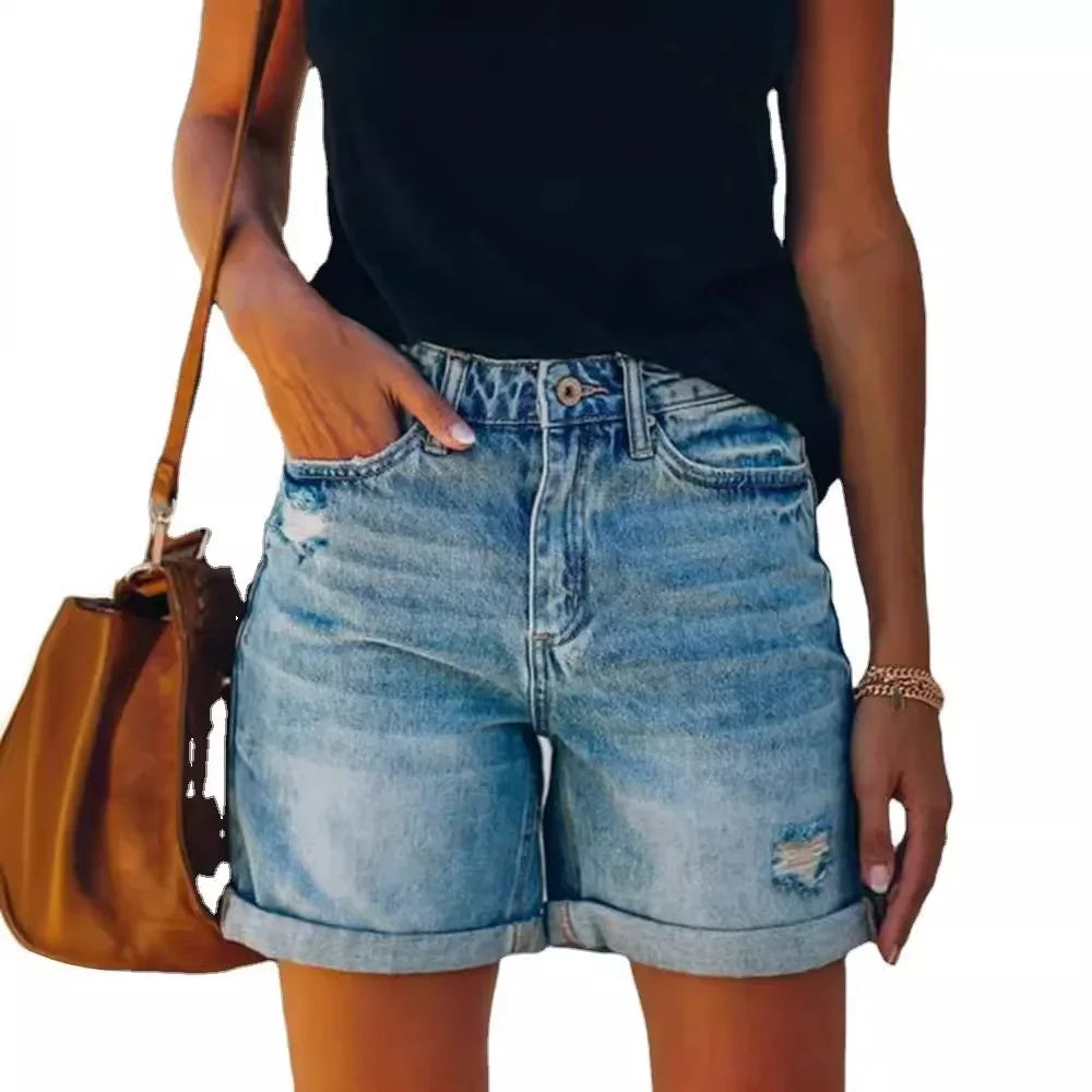 Fashionable Street-Style Denim Shorts Women's Straight-Leg Pants With Rolled Edges And Ripped Details Summer 2024 Ebay Amazon Wi