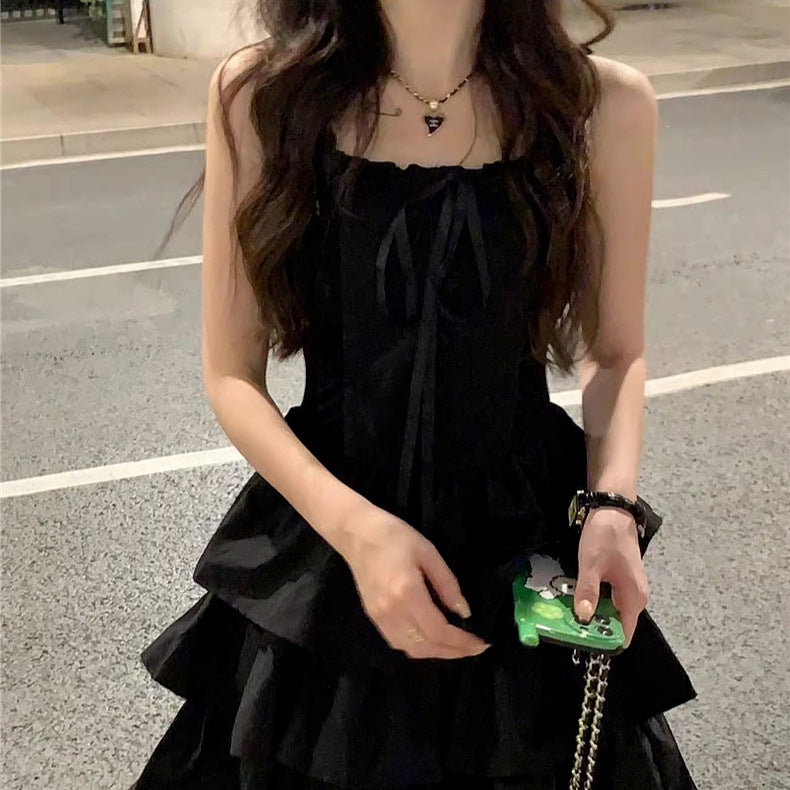 French Style Black Sling dress Women's Summer 2025 New Style off-Shoulder Tight Waist Slimming Elegant Princess Puffy Dress