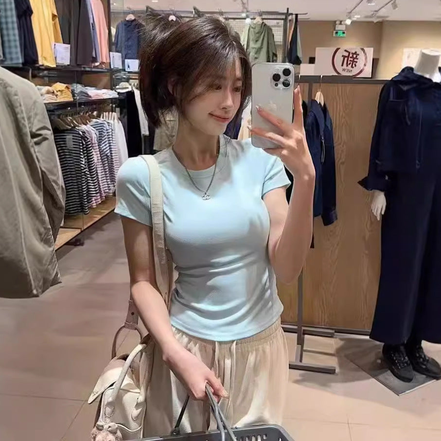 White Short-sleeved Bottoming Shirt Inner T-shirt Women's Spring and Summer New Slim-fit Hot Girl Short Shoulder Tight Top