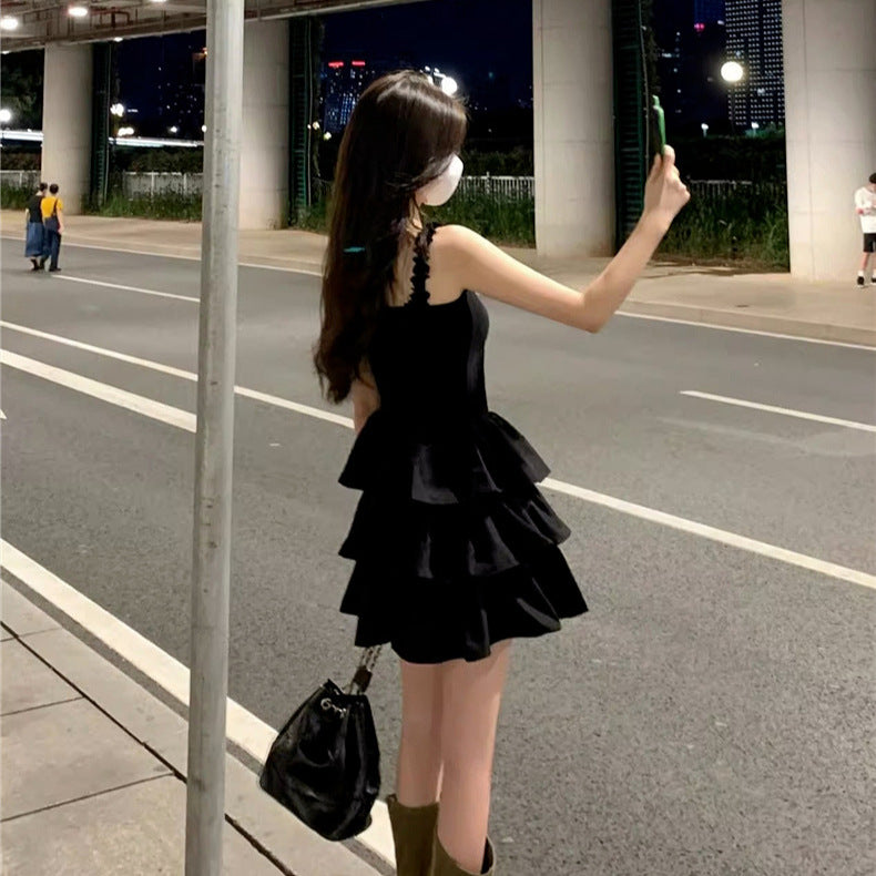 French Style Black Sling dress Women's Summer 2025 New Style off-Shoulder Tight Waist Slimming Elegant Princess Puffy Dress