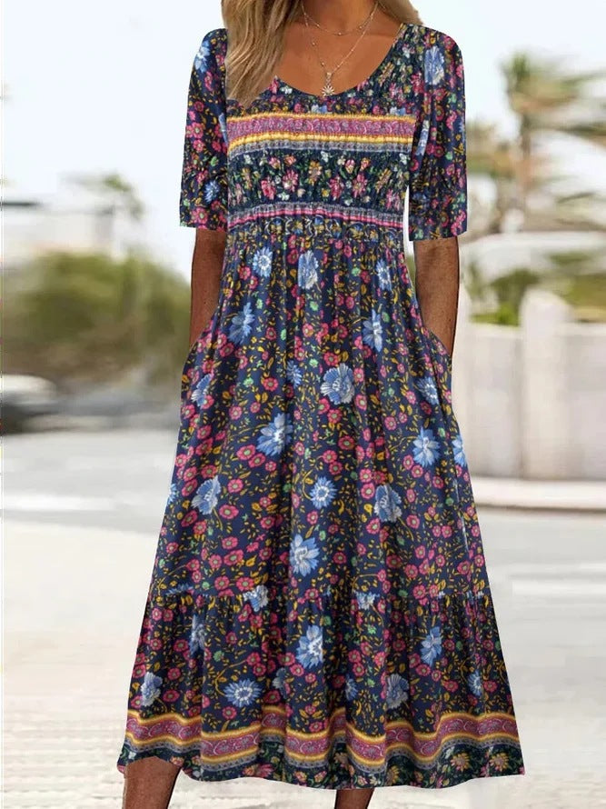 2024 European and American Amazon Summer New Women's Round Neck Short Sleeve Dress Bohemian Printed Dress for Women