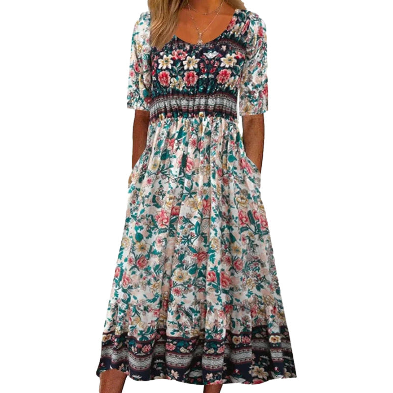 2024 European and American Amazon Summer New Women's Round Neck Short Sleeve Dress Bohemian Printed Dress for Women